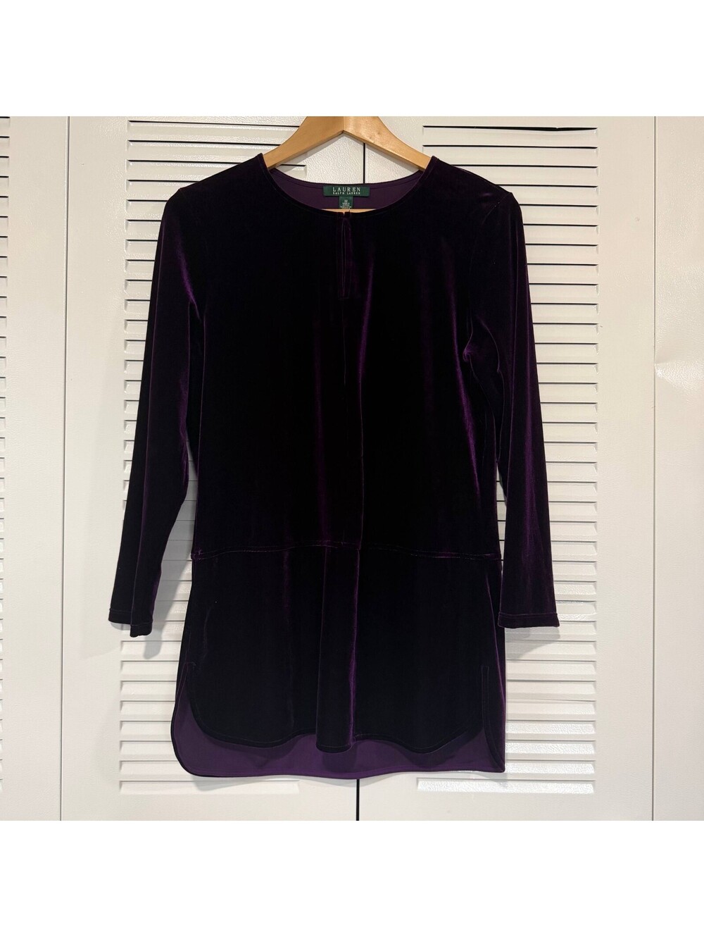 Lauren Ralph Lauren M Purple Velvet Tunic Top Long Sleeve Stretch Keyhole
